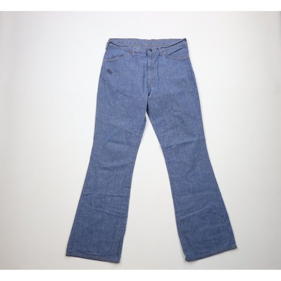 Vintage 70s Ranchcraft Mens 32x34 Distressed Chambray Bell Bottoms Jeans USA